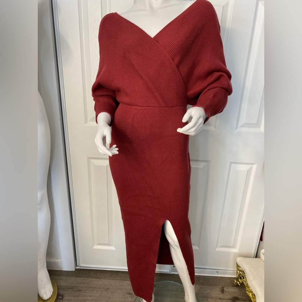 Lulu's Brick Red Long Sleeve Knit Midi Dress
